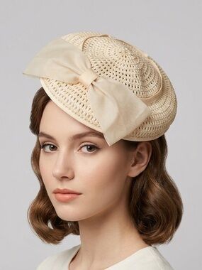Vintage Straw Fascinator Hat w/ Organza Bow - O/S